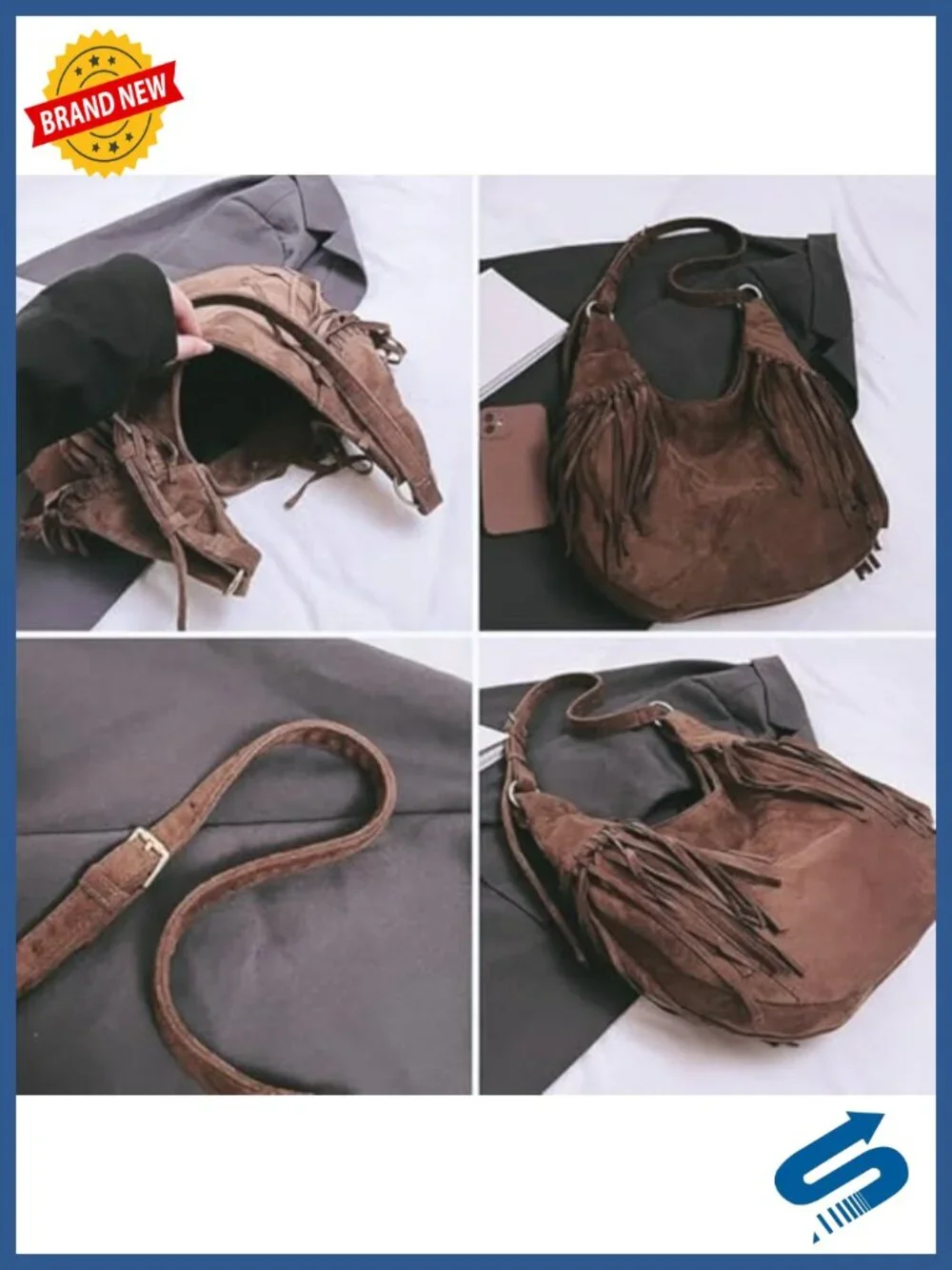Vintage Vegan Suede Fringe Hobo Bag Crossbody Shoulder Bag Tote Cowgirl Purse